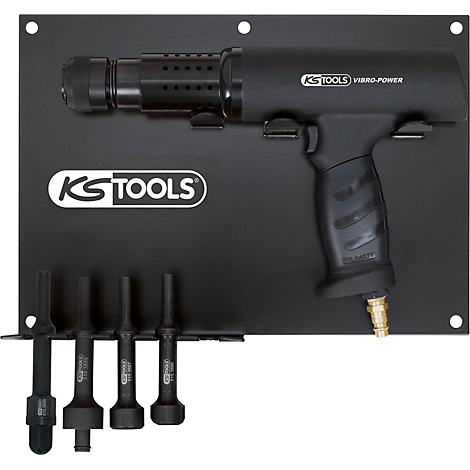 Schwarzes Druckluftwerkzeug mit Zubehör auf einer Halterung. Aufschrift: KS TOOLS, VIBRO-POWER.